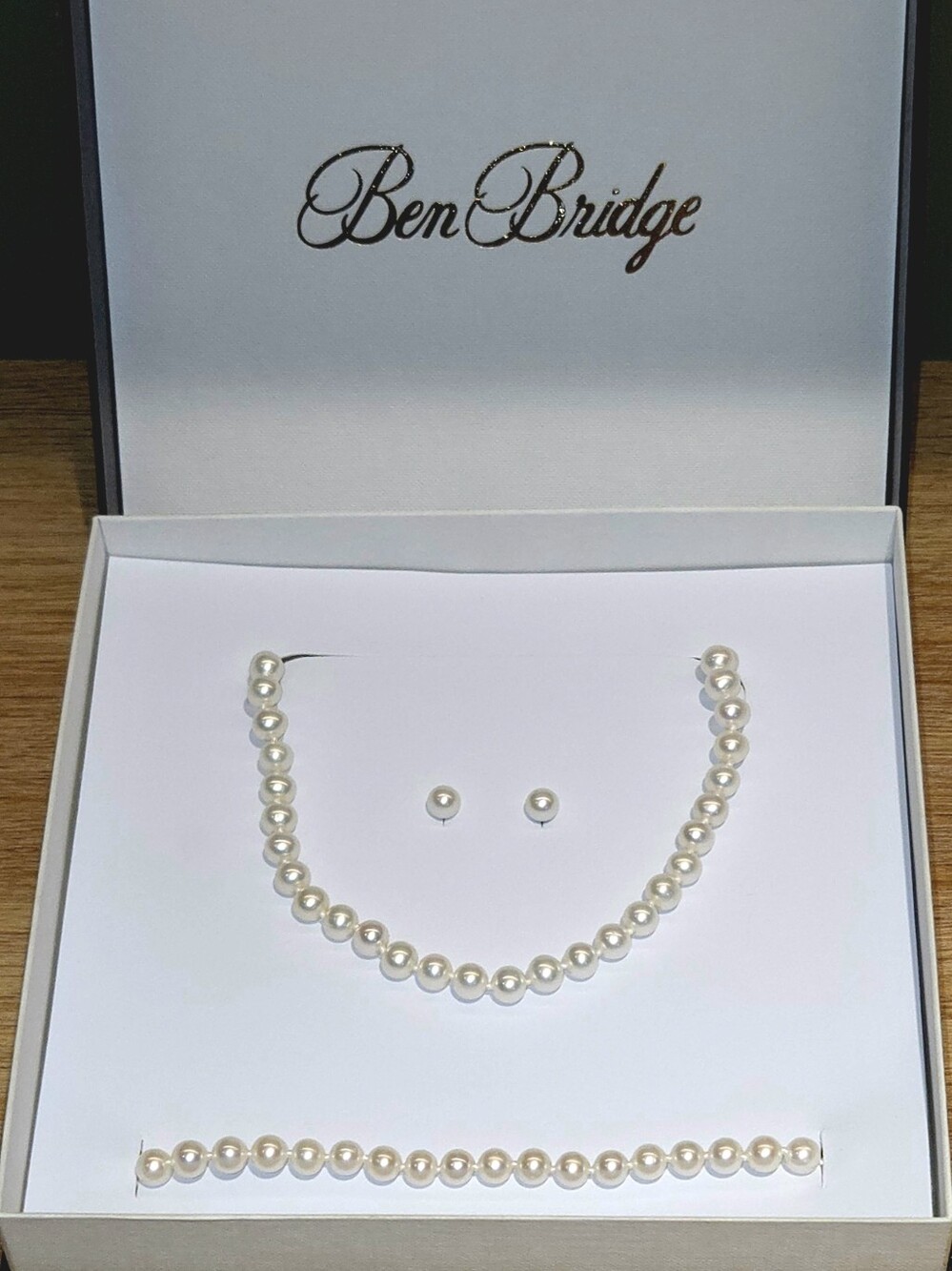 Ben Bridge White Pearl 3-Pc Set: Necklace Bracelet Stud Earrings 14k WG